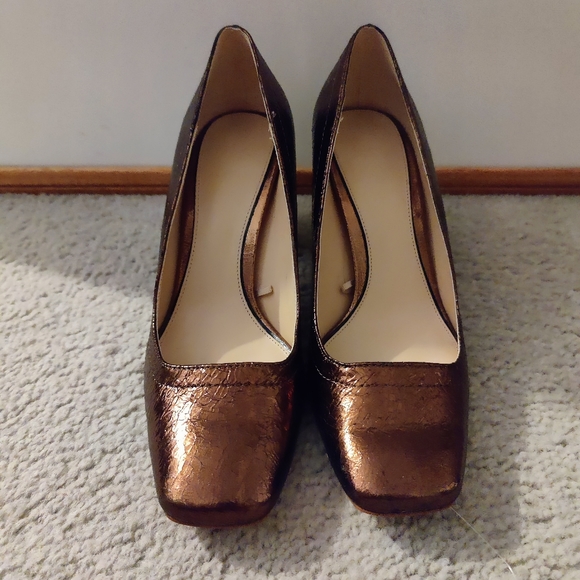 Zara Bronze Metallic Cracked Leather Mid Heel Shoes - Picture 2 of 7